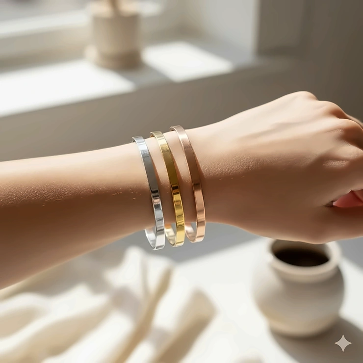 A set of three stacked minimalist cuff bracelets in mixed silver and gold metals.