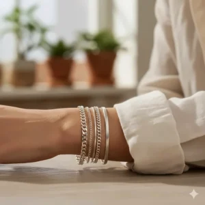 A collection of stacked sterling silver chain bracelets in different link styles on a model's arm.