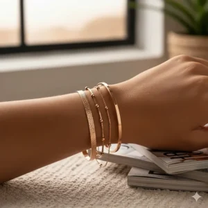A stack of three different rose gold bracelets for women including beads and bangles.