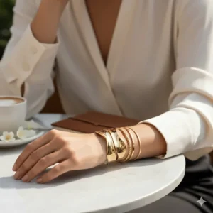 Illustration showing how to layer a wide statement cuff bracelet with thinner gold bangles.
