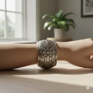 A 4K photorealistic shot of a bold, wide statement cuff bracelet with ornate engravings, showcasing it as a standalone jewelry piece.