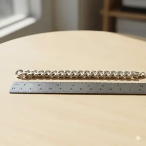 A sterling silver chain bracelet placed next to a ruler to show the length and width in inches.