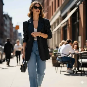 Modern street style fashion featuring a bold chunky gold chain bracelet for women.