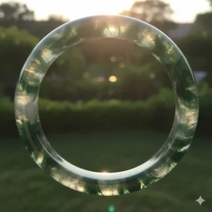 Close-up of a translucent natural green jade bangle bracelet held up to the light.