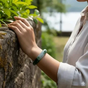 A woman wearing a polished natural jade bangle bracelet on her wrist.
