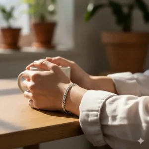 Close-up of a woman wearing a polished sterling silver chain bracelet with a casual outfit.