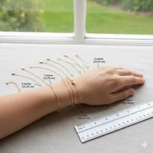 A visual size chart measuring 14k gold chain bracelets against a woman's wrist in inches and centimeters.