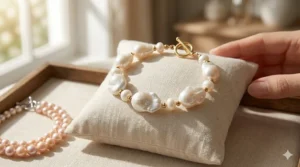 Unique organic-shaped baroque freshwater pearl bracelet for women with a toggle clasp.