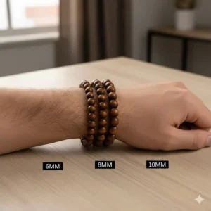 A comparison chart showing 6mm, 8mm, and 10mm wooden bead bracelets on a male wrist for sizing.