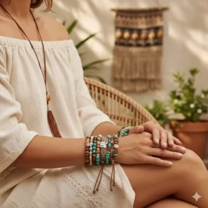 Layered boho-style natural stone bracelets for women worn with casual linen summer attire.