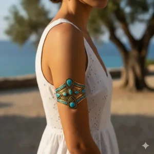 Bohemian style turquoise and brass upper arm cuff bracelet featuring intricate tribal engravings.