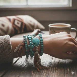 Bohemian style illustration of turquoise bead bracelets featuring tassel charms.