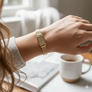 A close-up of a classic gold watch used as the anchor piece for a bracelet stack.