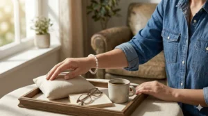 A woman wearing a simple freshwater pearl bracelet with a casual denim outfit.