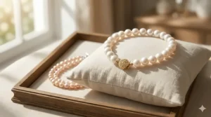 A classic single strand freshwater pearl bracelet with a gold filigree clasp.