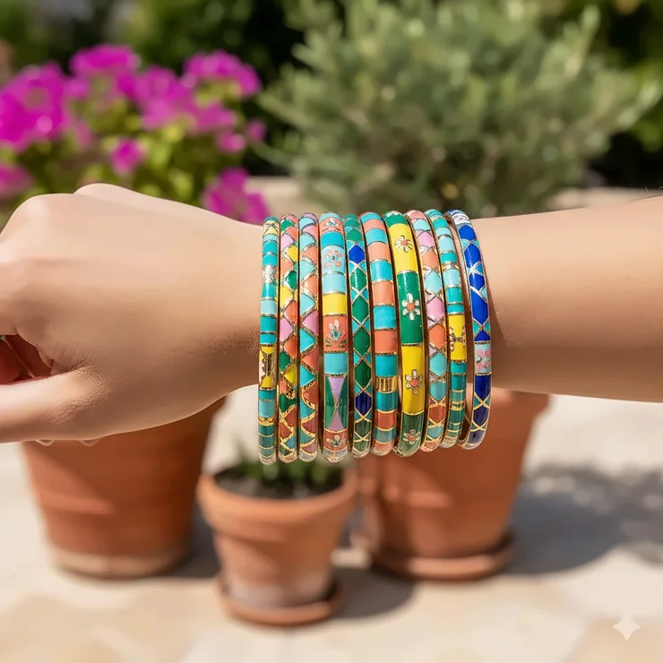 A vibrant collection of a colorful enamel bangle set stacked on a model's wrist against a neutral background.