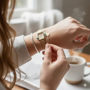 A person checking the fit of their stacked bracelets to ensure movement and comfort on the wrist.