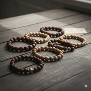 A collection of men's wooden bracelets in various earthy tones like mahogany, walnut, and pine.