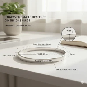 Technical drawing showing the diameter and thickness of a custom engraved bangle bracelet.