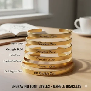 Illustration of various script and block font options for a personalized engraved bangle.