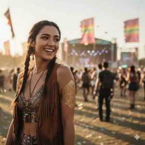A festival-goer wearing a wide filigree upper arm cuff bracelet paired with a fringe vest.