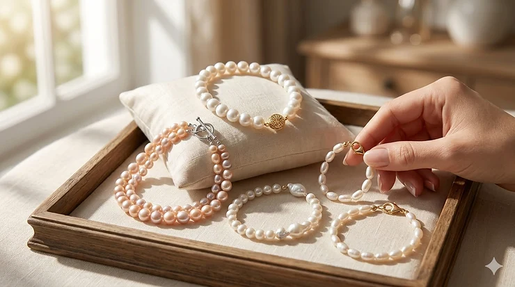 Elegant collection of genuine white freshwater pearl bracelets for women displayed on a silk cushion.