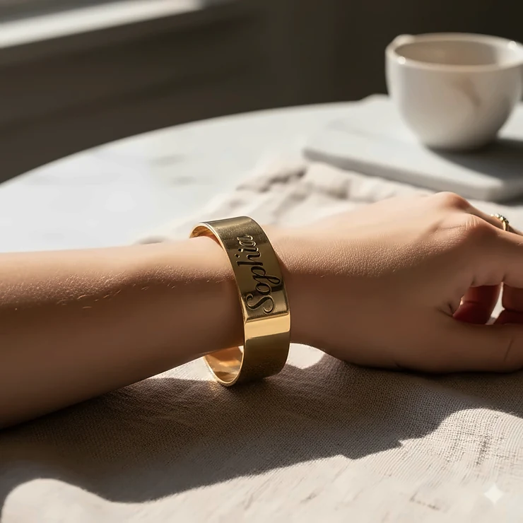 A woman wearing a polished gold engraved bangle bracelet with a custom name inscription.