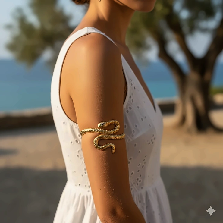 A woman wearing a polished gold snake-shaped upper arm cuff bracelet on her bicep, styled with a sleeveless summer dress.
