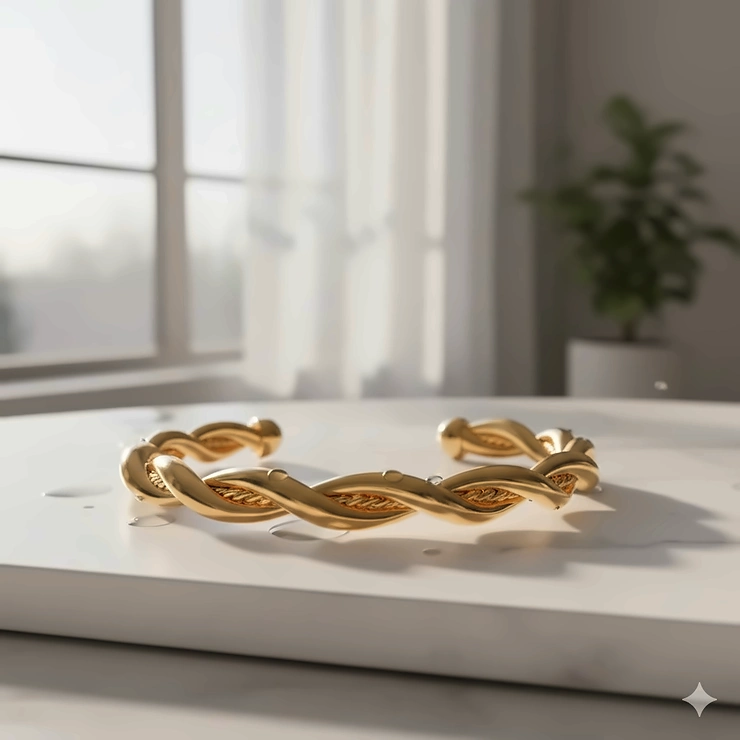 A polished gold twisted rope cuff bracelet displayed on a clean white marble surface with natural window light.