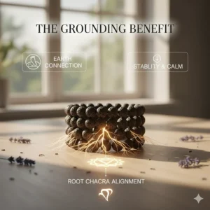 Infographic highlighting the grounding properties and root chakra connection of wearing lava stone jewelry.