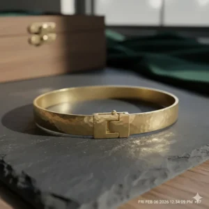 Detailed view of the secure hidden clasp on a 18k hammered gold bangle bracelet.