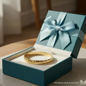 A hammered gold bangle bracelet inside a premium teal gift box with a silk ribbon.