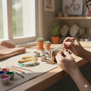 An illustration showing the artisan hand-painting the intricate designs on a colorful enamel bangle set.