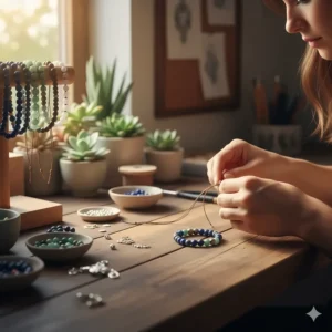 Close-up of an artisan threading authentic natural stone beads onto a bracelet for women.