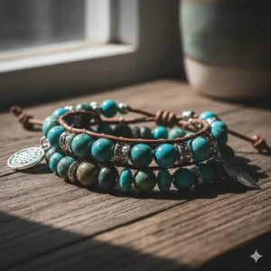 Handcrafted turquoise bead bracelets for women displayed on a wooden surface.
