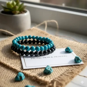 A set of healing natural stone bracelets for women including turquoise and black tourmaline for protection.