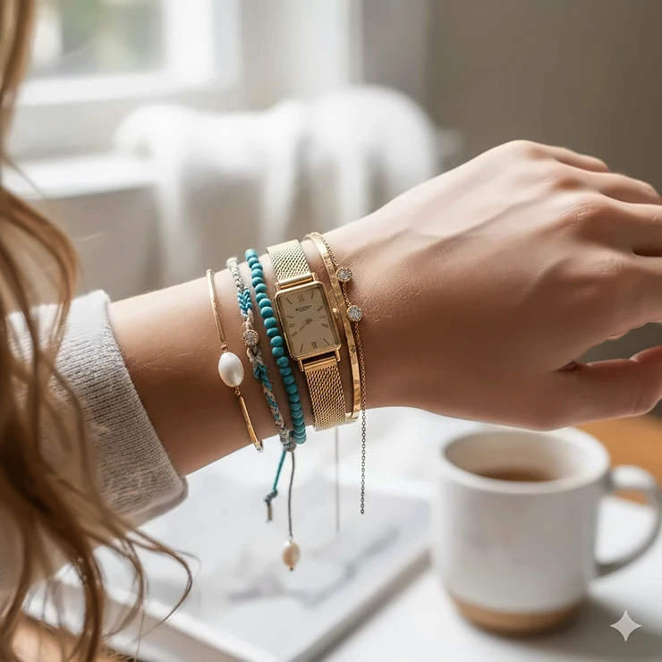 A stylish woman wearing a curated stack of gold and beaded bracelets on her wrist, demonstrating a balanced jewelry layering technique. how to stack bracelets