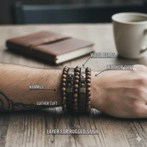 An illustration showing how to layer multiple wooden bead bracelets with leather bands for a rugged look.