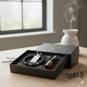 A beautiful gift box containing a lava stone diffuser bracelet and a small vial of peppermint essential oil.