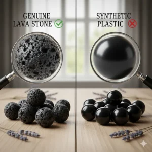 Comparison image between genuine volcanic lava stone beads and synthetic plastic imitations.