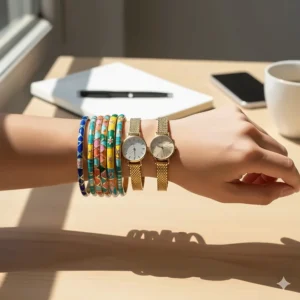 Demonstrating how to layer and mix pieces from the colorful enamel bangle set with gold watches.