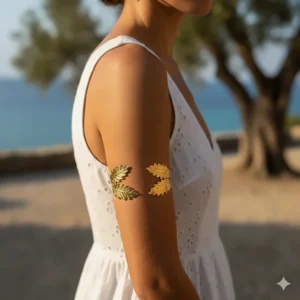 Grecian goddess style gold leaf upper arm cuff bracelet wrapped around the mid-upper arm.