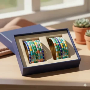 A colorful enamel bangle set neatly arranged in a premium velvet-lined gift box.