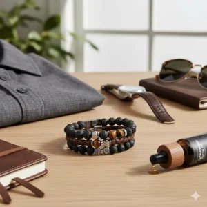 Men’s fashion flat lay featuring masculine lava stone diffuser bracelets with tiger eye beads and leather accents.