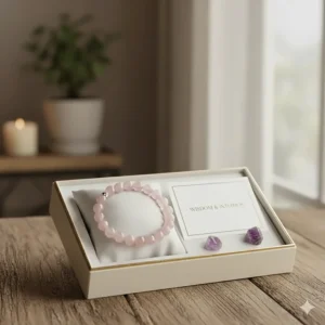 An elegant gift box containing a premium natural stone bracelet for women with a meaning card.