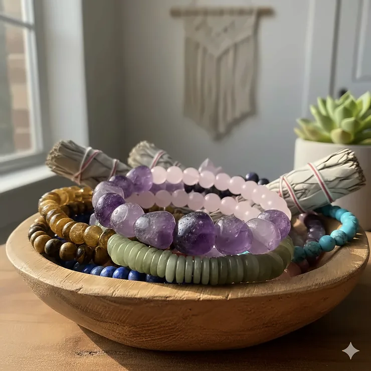 A stack of various natural stone bracelets for women featuring amethyst, rose quartz, and jade beads.