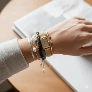 A final overhead view of a perfectly stacked arm party including mixed metals and varied widths.
