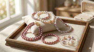 Genuine freshwater pearl bracelets for women in natural shades of pink, lavender, and white.