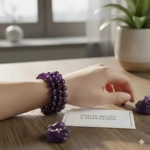 Deep purple amethyst natural stone bracelet for women designed for stress relief and meditation.