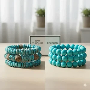 Illustration of raw versus polished turquoise bead bracelets for women.